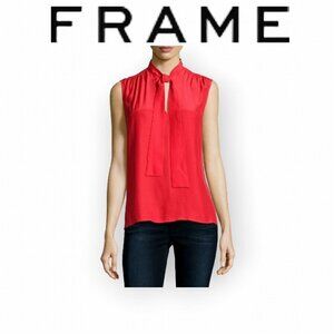 Frame Silk Tie-Neck Sleeveless Blouse Red Small Feminine Office Casual Top